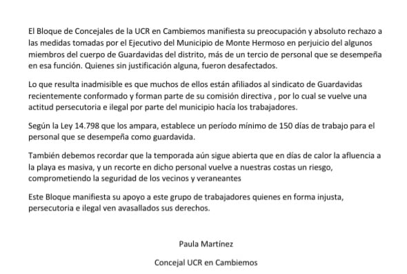 Mensaje del bloque UCR en Cambiemos Monte Hermoso